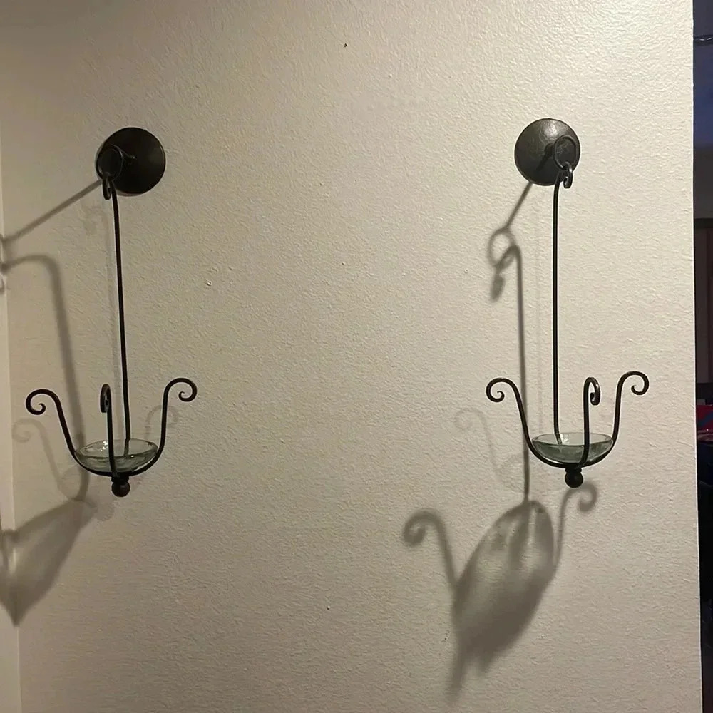 Wrought Iron Wall Sconce Set 2 Scroll Metal Glass‎ Votive Candle Holders Rustic